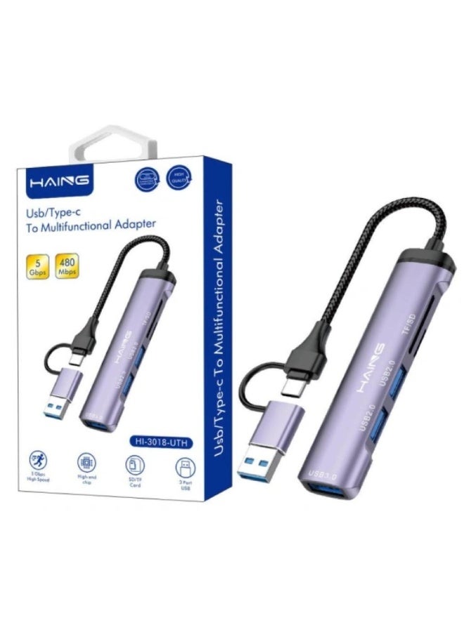 هينغ موزع USB-C متعدد الوظائف HI-3018-UTH: يوسع منفذ Type-C ليشمل HDMI (4K@60Hz)، وقارئ بطاقات SD/TF، ​​وUSB 3.0، وUSB 2.0. مزود بمؤشر LED - Image 1